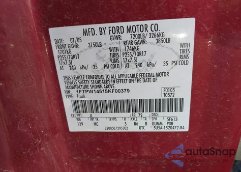 2005 Ford F-150 Fx4/Lariat/Xlt из США, поврежденный, VIN 1FTPW14515KF00379